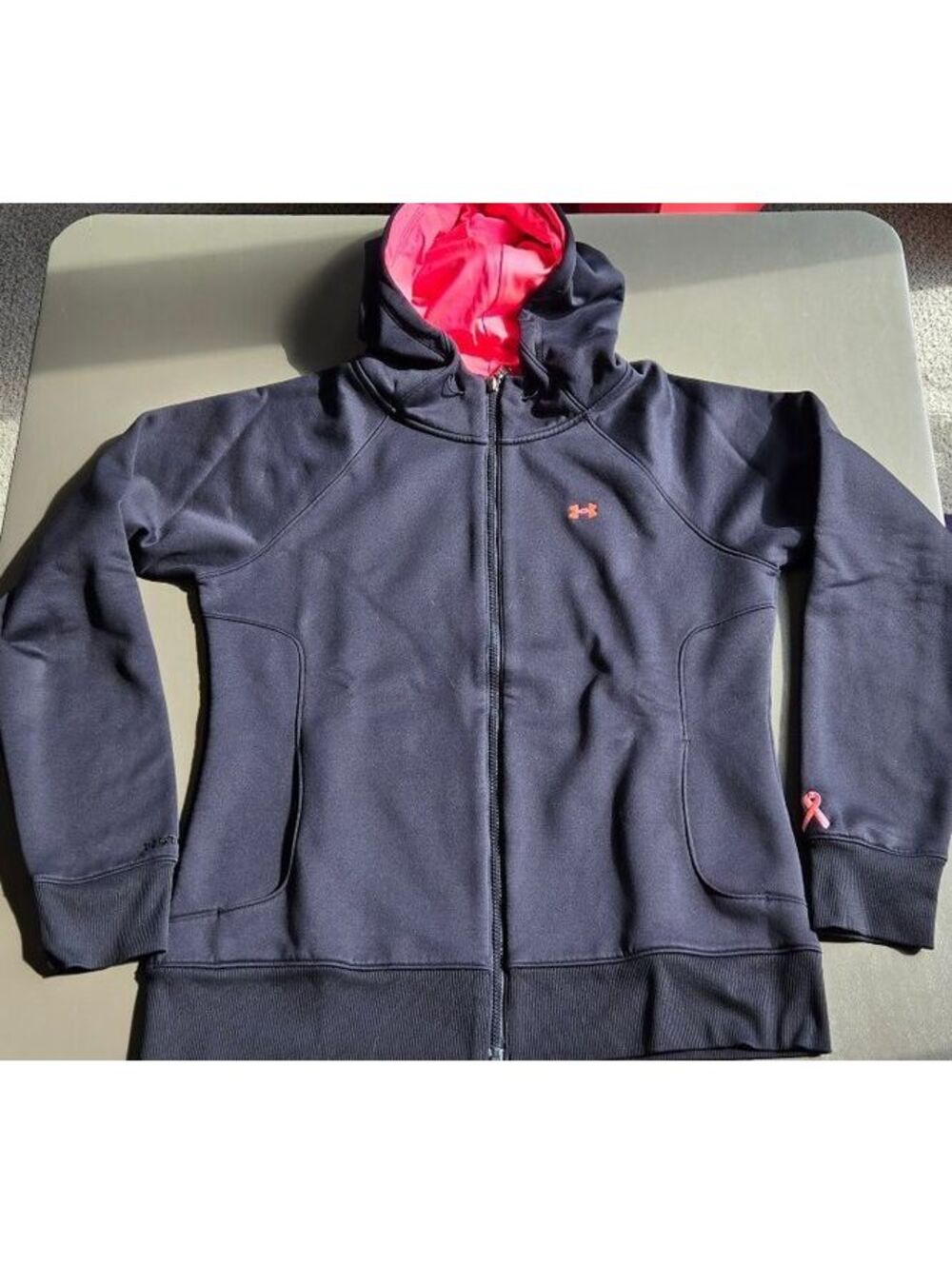 Under Armour Women's Black and Pink Full-Zip Hoodie Sweatshirt Sz LG Pink Ribbon